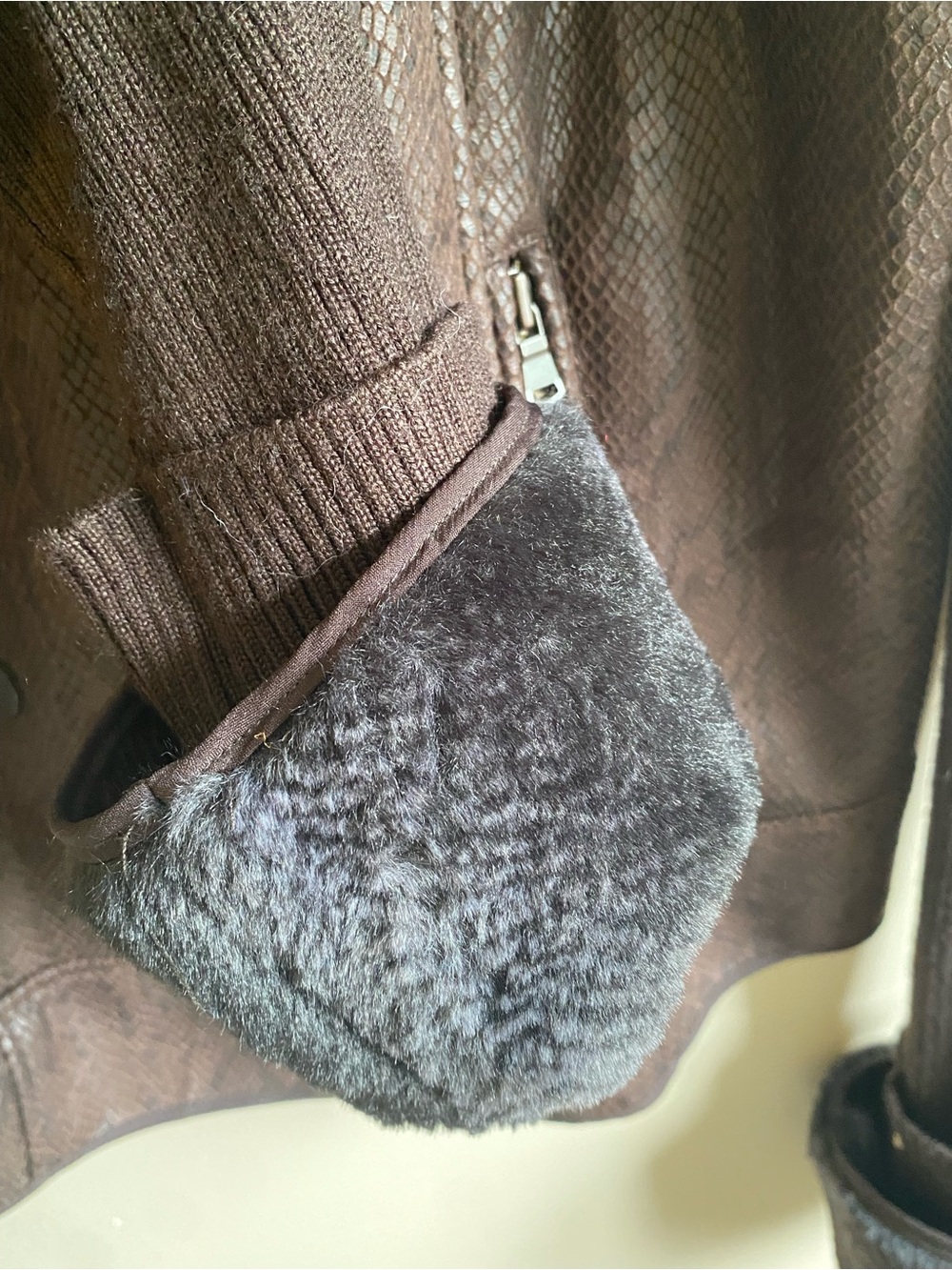 Cache Brown Snakeskin Print Knit Jacket Faux Fur Trim - Picture 7 of 8